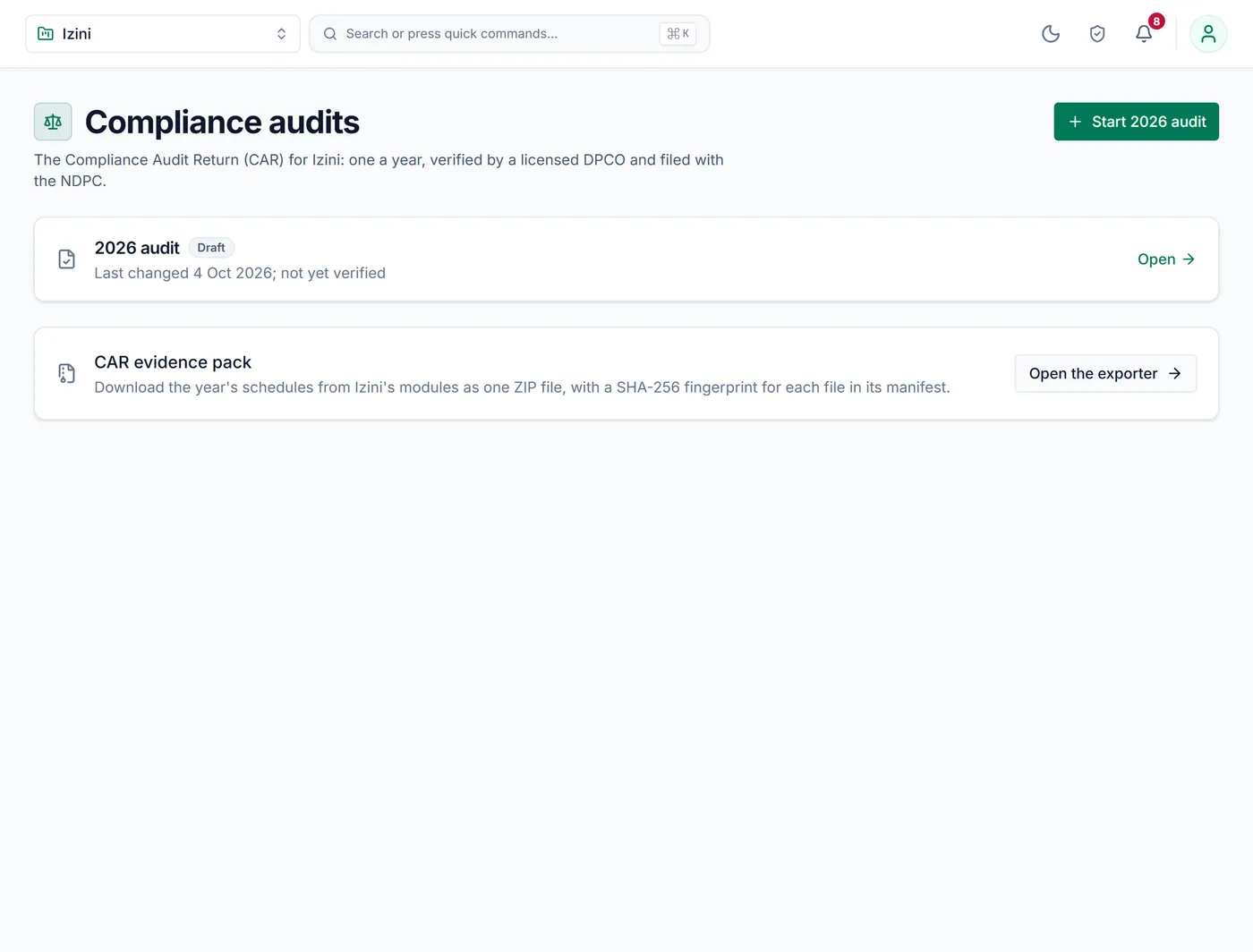 The audit workbench with the year's compliance audit and the evidence pack exporter.