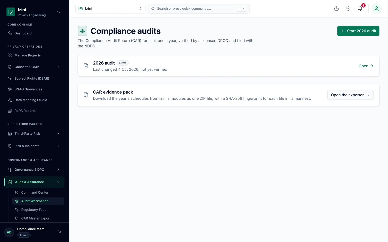 The audit workbench a client shares with their DPCO, with the evidence pack exporter.