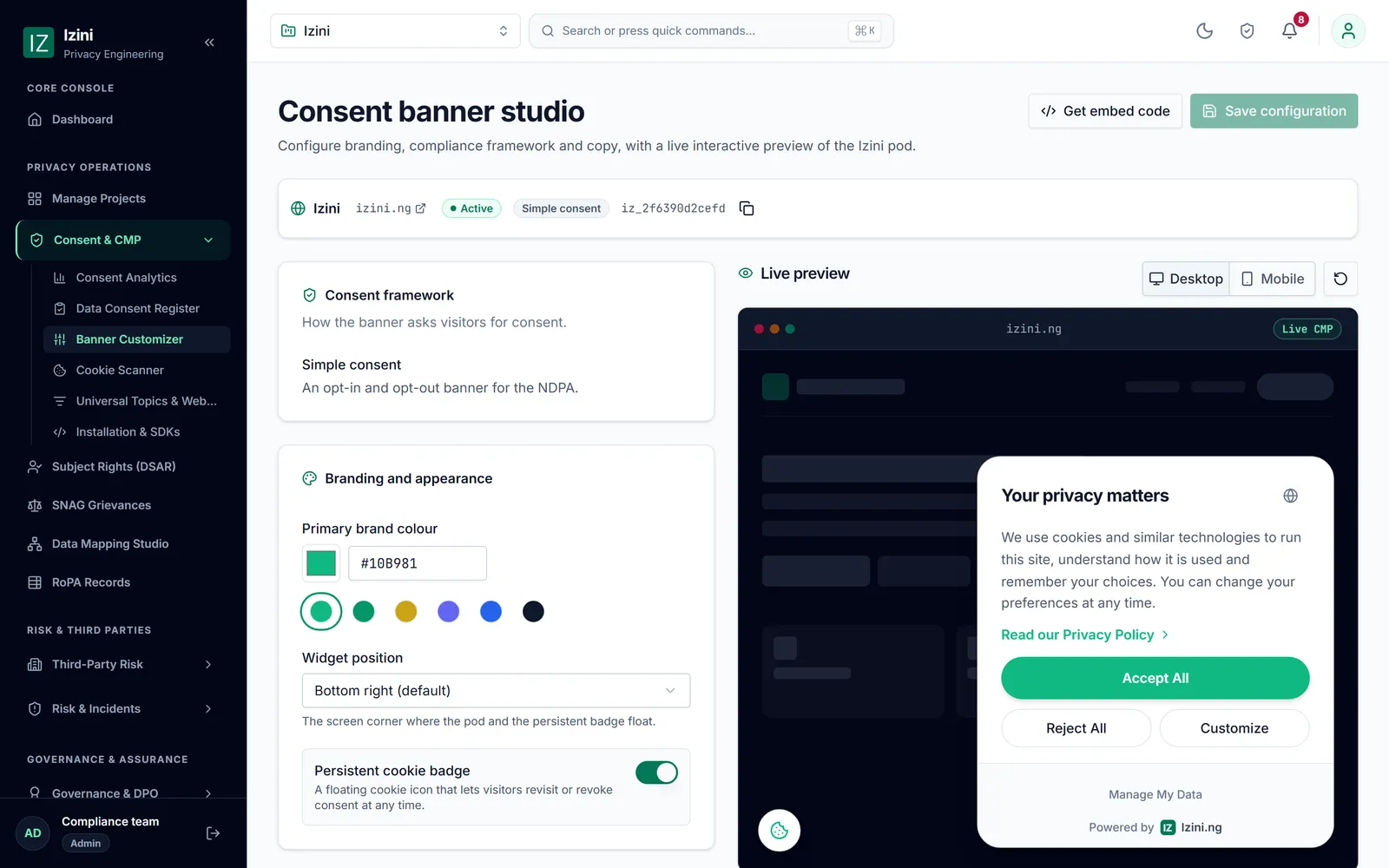 The banner studio in Izini: choose the consent mode, colours and position, with a live preview of the banner.