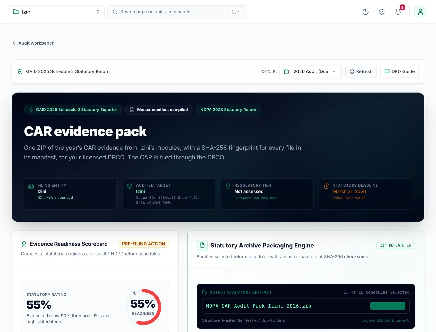 The CAR evidence pack exporter in Izini, with the filing deadline and a readiness score.