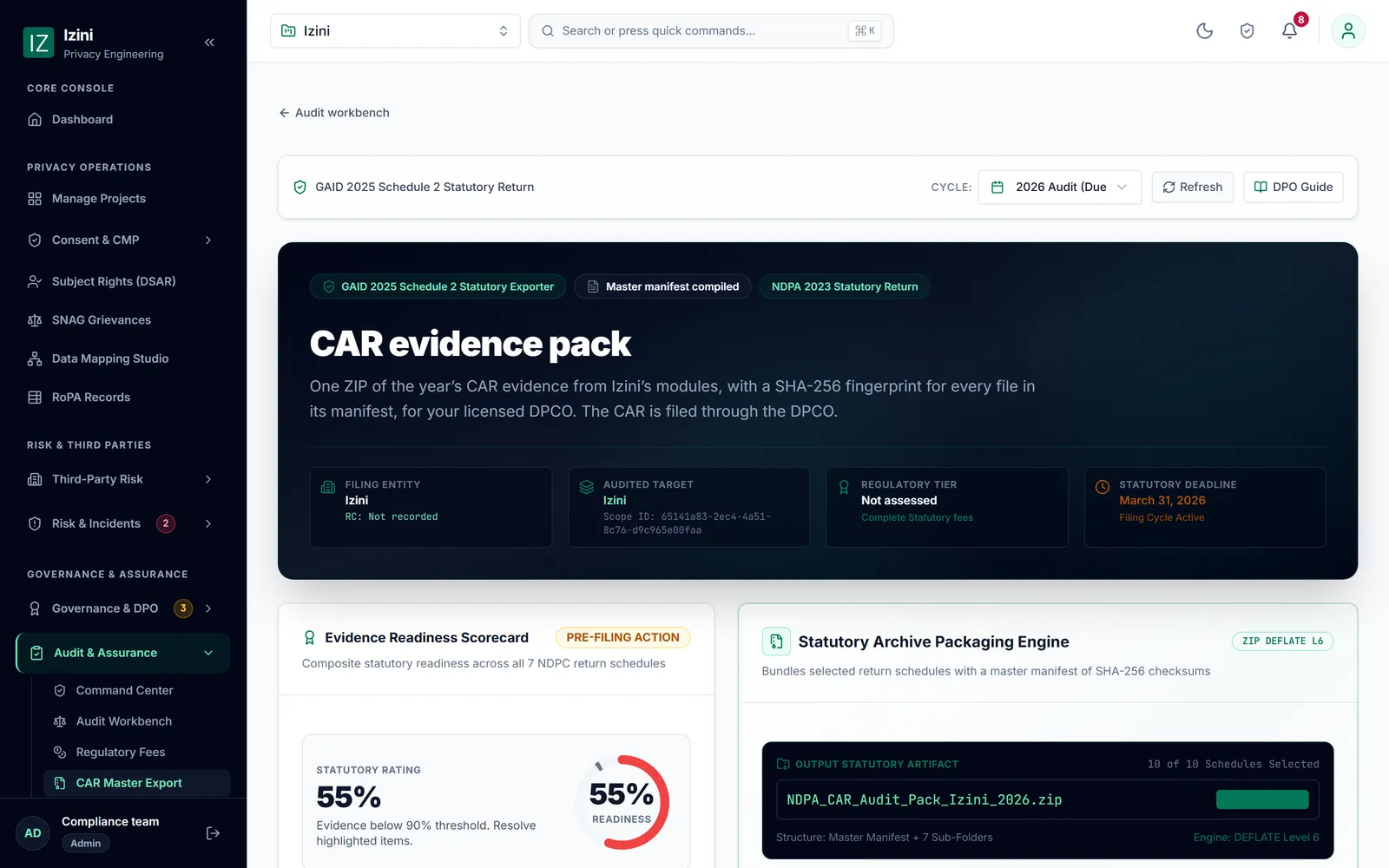 The CAR evidence pack exporter, showing the filing deadline and a readiness score.