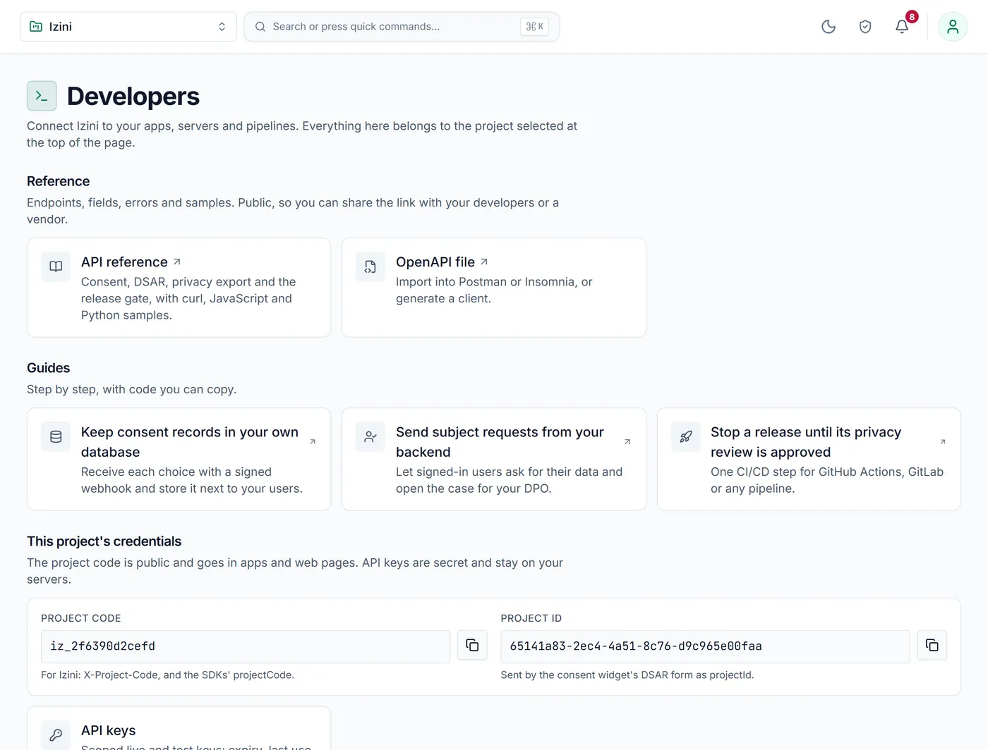 The Developers page in Izini, with the API reference, guides and the project's credentials.