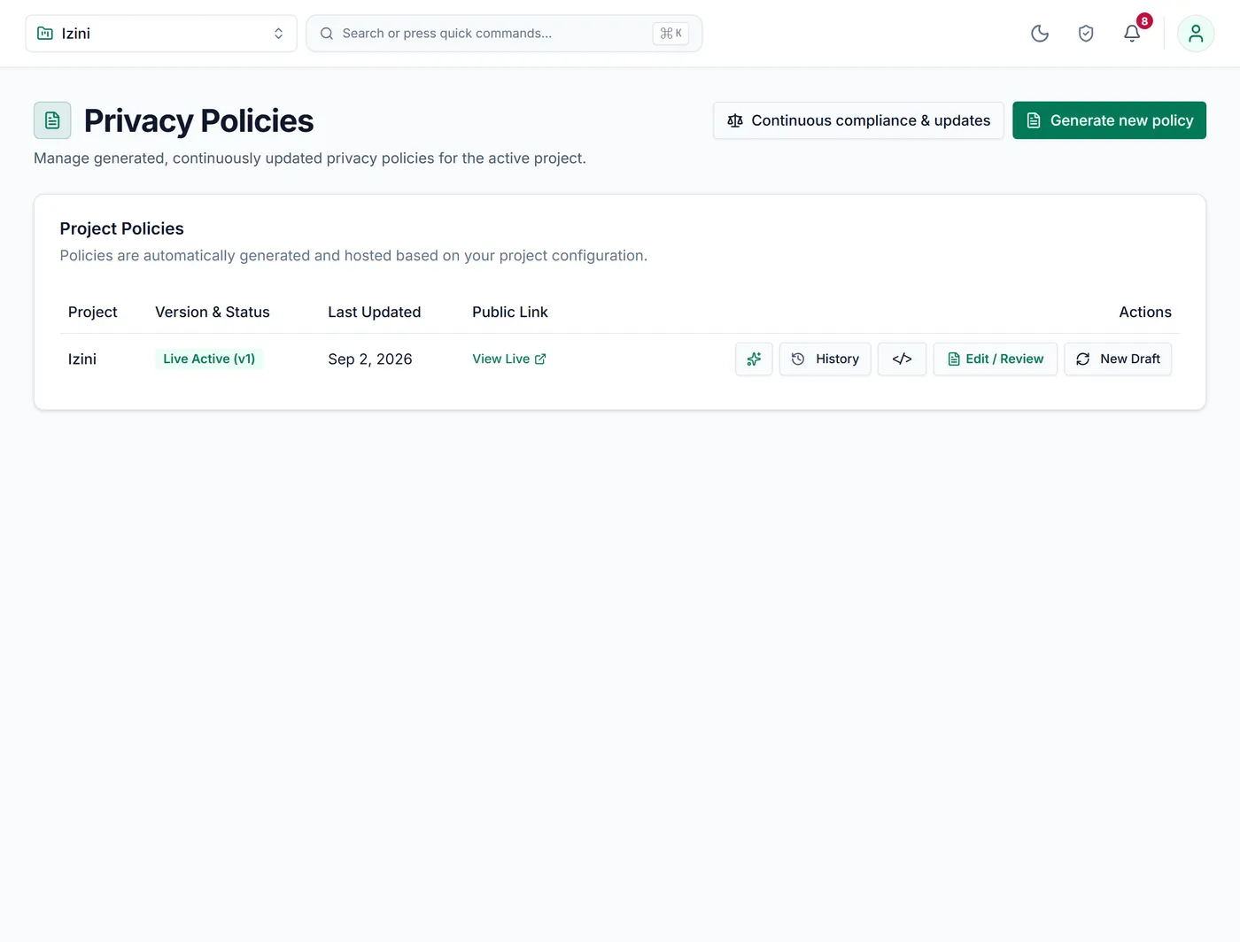 The privacy policies page showing the live policy version, its public link and history.